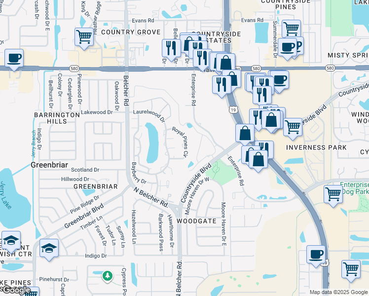 map of restaurants, bars, coffee shops, grocery stores, and more near 2543 Royal Pines Circle in Clearwater