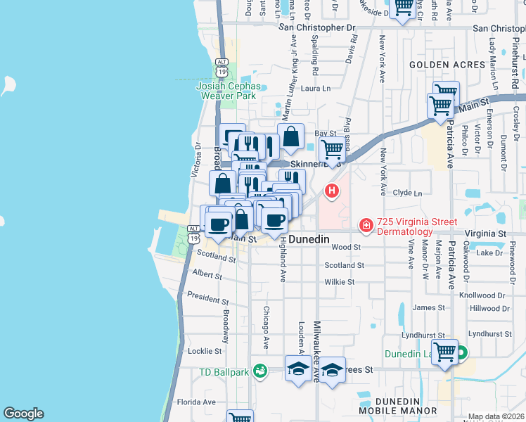 map of restaurants, bars, coffee shops, grocery stores, and more near 432 Highland Court in Dunedin
