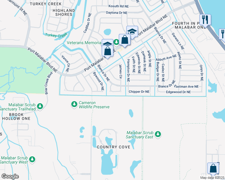 map of restaurants, bars, coffee shops, grocery stores, and more near 2839 Starlight Circle Northeast in Palm Bay