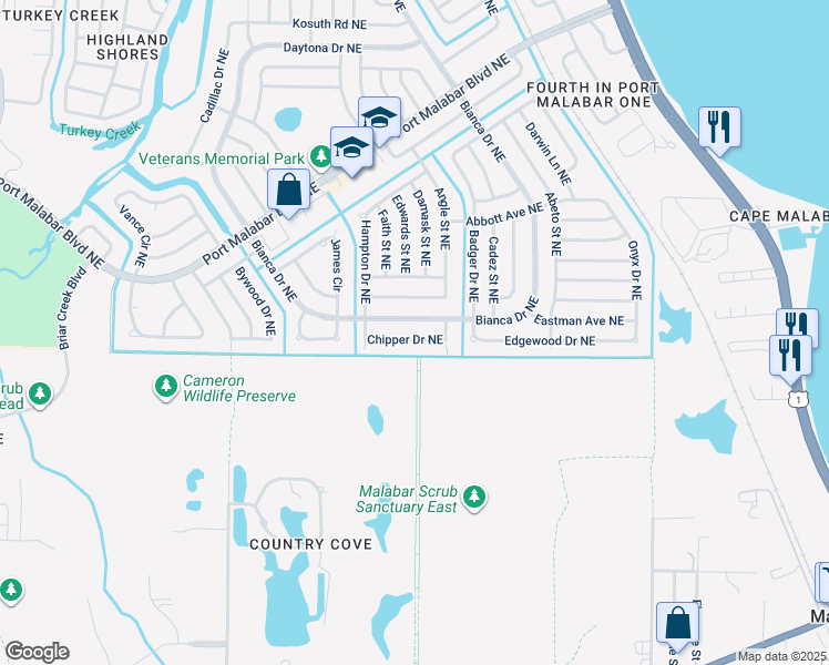 map of restaurants, bars, coffee shops, grocery stores, and more near 2963 Chipper Drive Northeast in Palm Bay