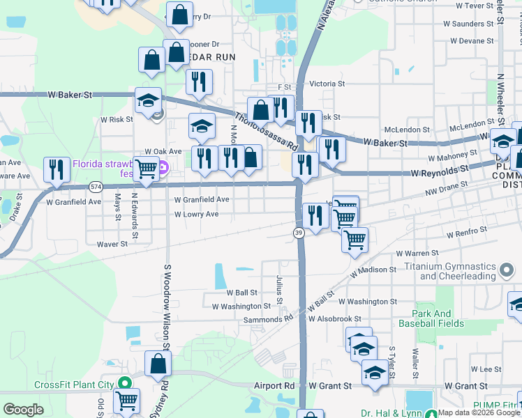 map of restaurants, bars, coffee shops, grocery stores, and more near 1702 West Lowry Avenue in Plant City