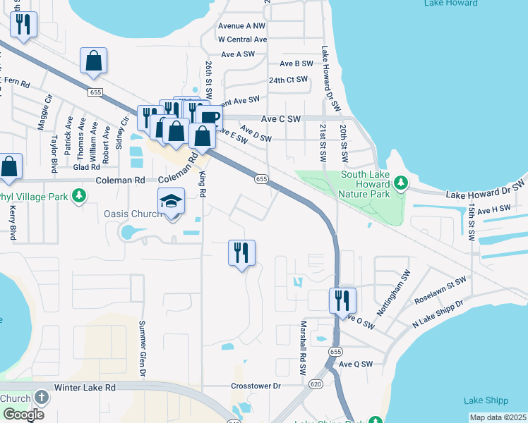 map of restaurants, bars, coffee shops, grocery stores, and more near 1405 Wallace Manor Pass in Winter Haven