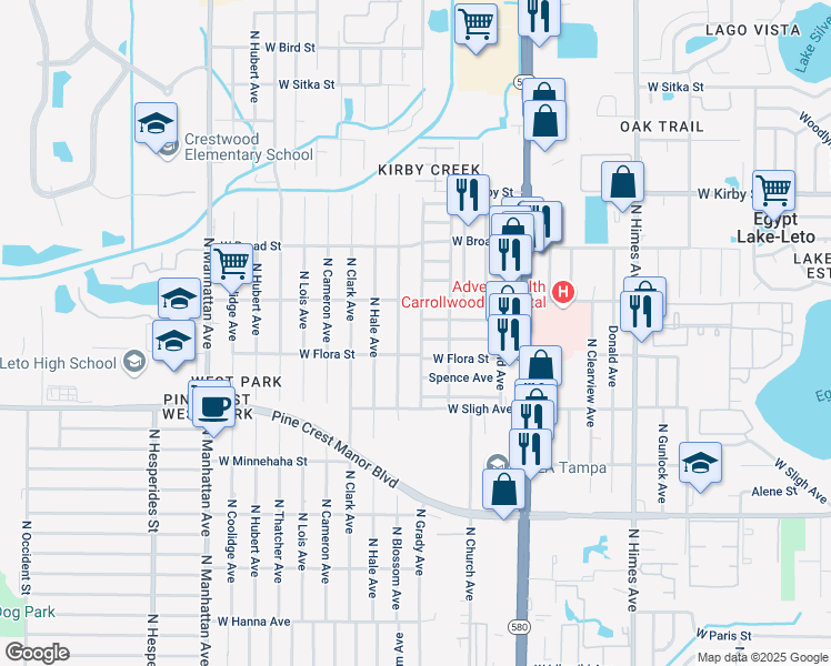 map of restaurants, bars, coffee shops, grocery stores, and more near 7019 North Grady Avenue in Tampa