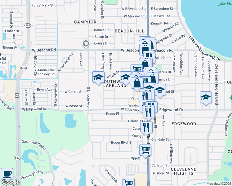 map of restaurants, bars, coffee shops, grocery stores, and more near 2624 South Palmeden Drive in Lakeland