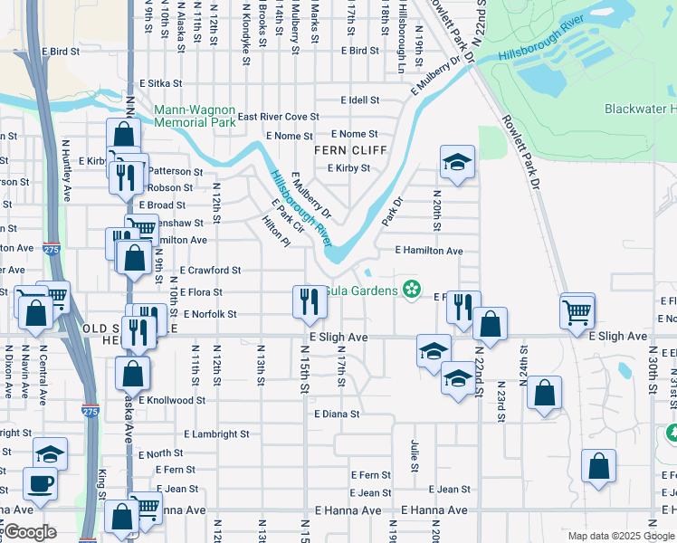 map of restaurants, bars, coffee shops, grocery stores, and more near 1704 East Park Circle in Tampa