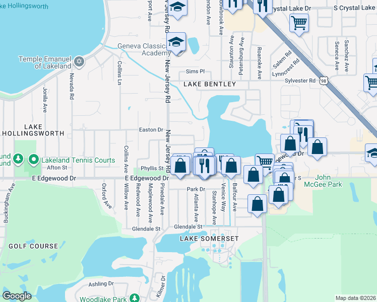 map of restaurants, bars, coffee shops, grocery stores, and more near 1705 Athens Court in Lakeland