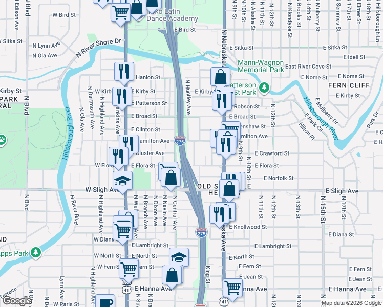 map of restaurants, bars, coffee shops, grocery stores, and more near 7110 North Taliaferro Avenue in Tampa