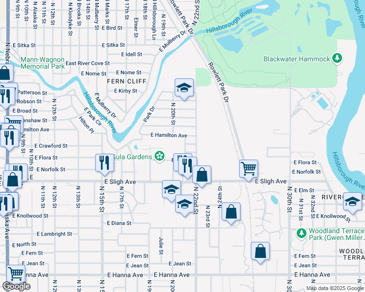 map of restaurants, bars, coffee shops, grocery stores, and more near 2101 East Hamilton Avenue in Tampa