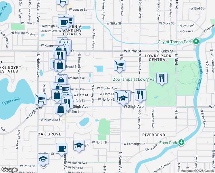 map of restaurants, bars, coffee shops, grocery stores, and more near 1801 West Crawford Street in Tampa