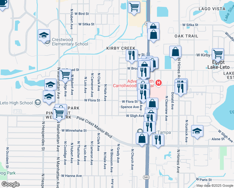 map of restaurants, bars, coffee shops, grocery stores, and more near 7019 North Grady Avenue in Tampa