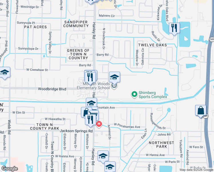 map of restaurants, bars, coffee shops, grocery stores, and more near 7202 Armand Drive in Tampa