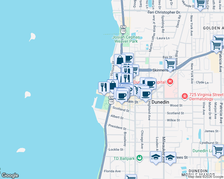 map of restaurants, bars, coffee shops, grocery stores, and more near 915 Victoria Drive in Dunedin