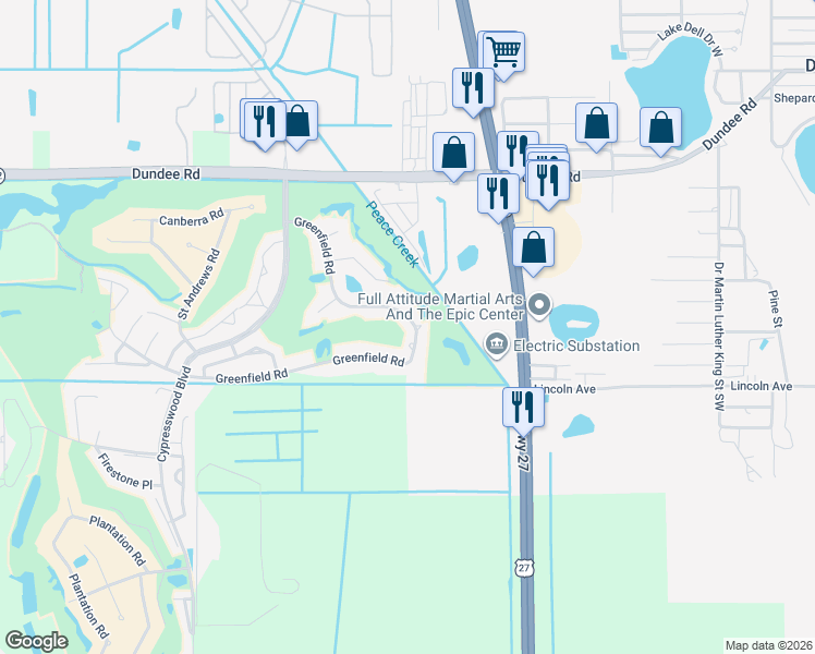 map of restaurants, bars, coffee shops, grocery stores, and more near 250 Greenfield Road in Winter Haven