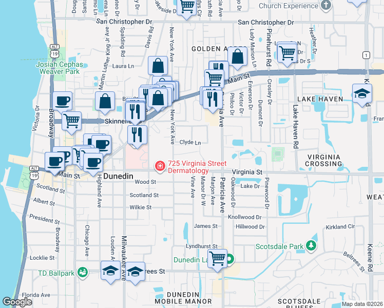 map of restaurants, bars, coffee shops, grocery stores, and more near 845 Maple Court in Dunedin