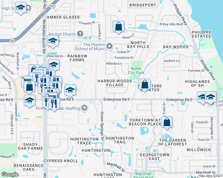 map of restaurants, bars, coffee shops, grocery stores, and more near 12 Village Lane in Safety Harbor