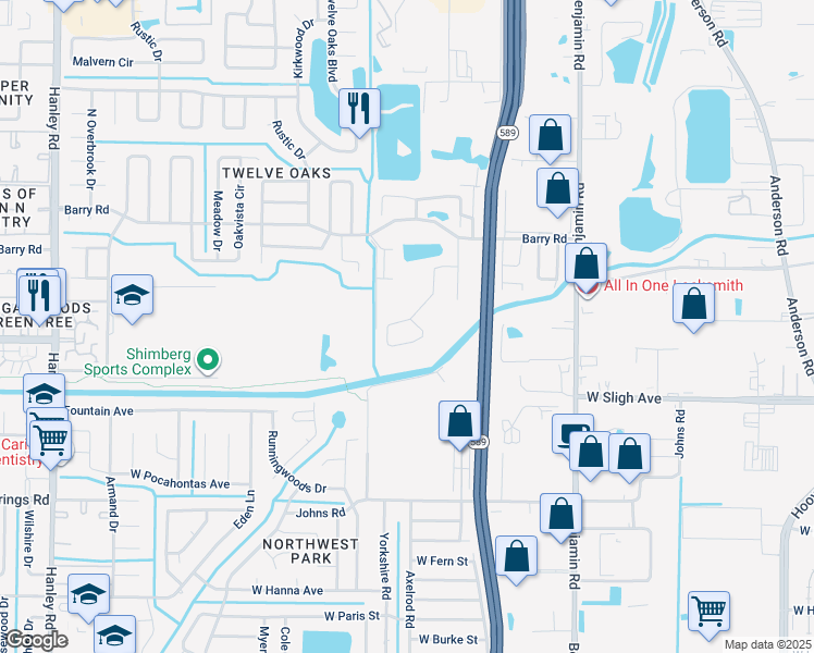 map of restaurants, bars, coffee shops, grocery stores, and more near 6104 Lanshire Drive in Tampa
