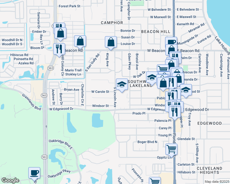 map of restaurants, bars, coffee shops, grocery stores, and more near 2698 South Lincoln Avenue in Lakeland