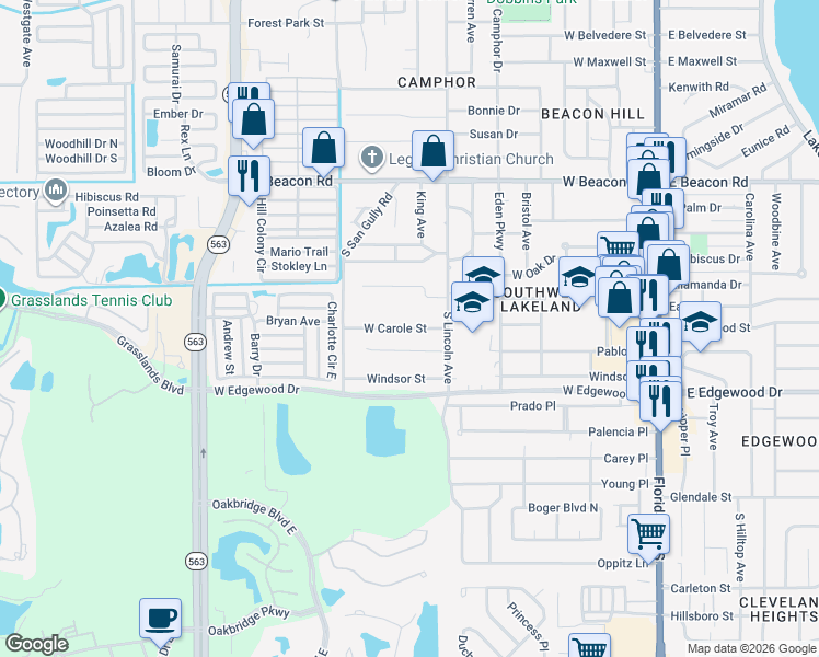 map of restaurants, bars, coffee shops, grocery stores, and more near 829 West Carole Street in Lakeland