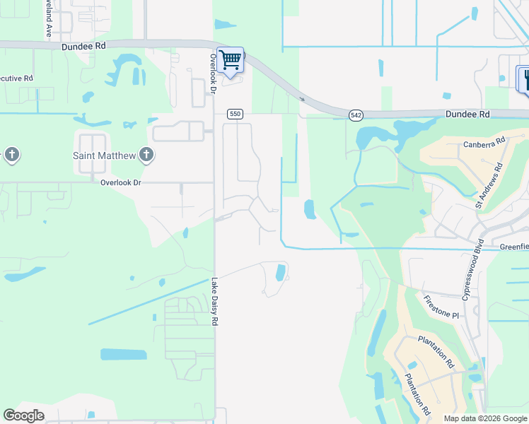 map of restaurants, bars, coffee shops, grocery stores, and more near 2644 Whispering Trails Drive in Winter Haven