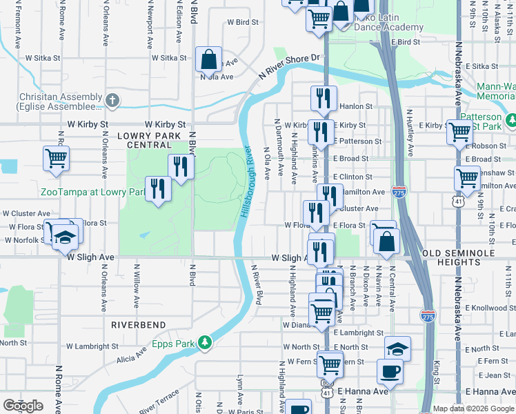 map of restaurants, bars, coffee shops, grocery stores, and more near 7214 North Ola Avenue in Tampa