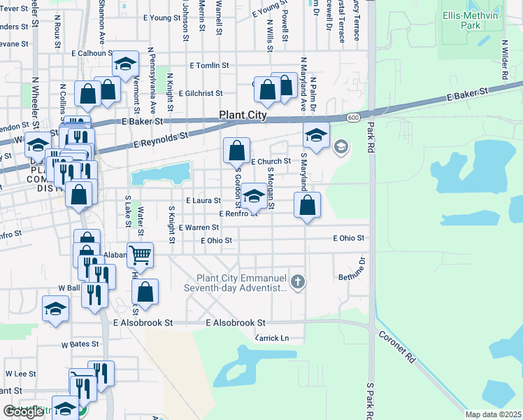 map of restaurants, bars, coffee shops, grocery stores, and more near 1318 East Renfro Street in Plant City