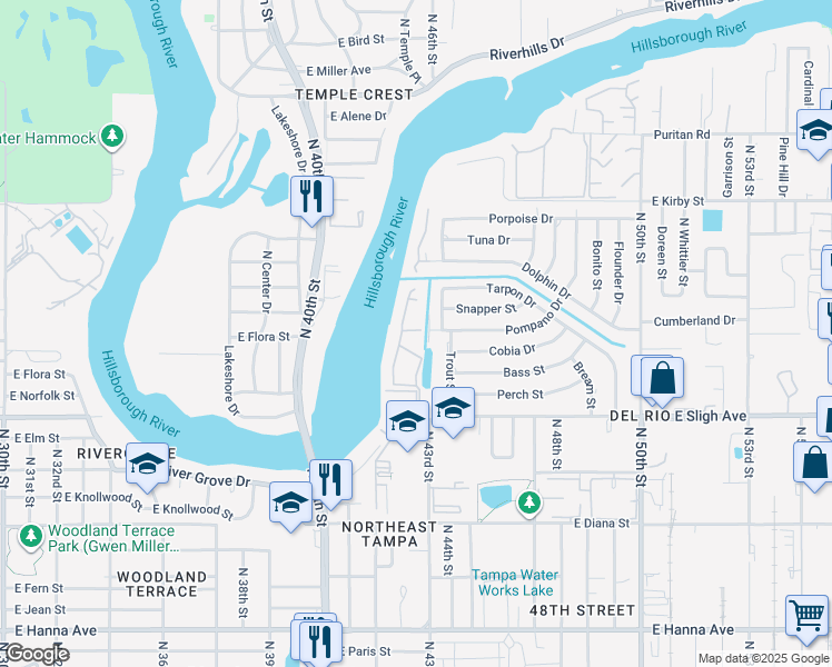 map of restaurants, bars, coffee shops, grocery stores, and more near 4404 Tarpon Drive in Tampa