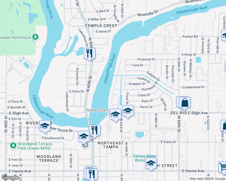 map of restaurants, bars, coffee shops, grocery stores, and more near 7352 East Bank Drive in Tampa