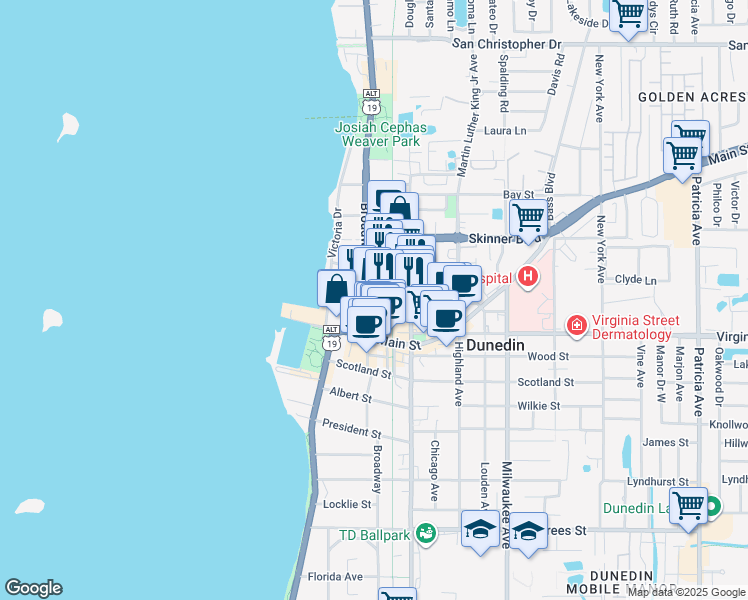 map of restaurants, bars, coffee shops, grocery stores, and more near 927 Broadway in Dunedin