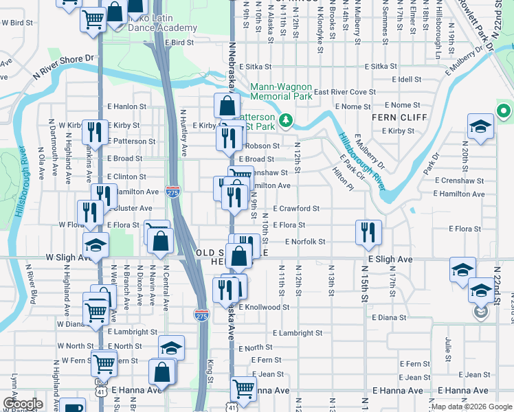 map of restaurants, bars, coffee shops, grocery stores, and more near 7211 North 10th Street in Tampa