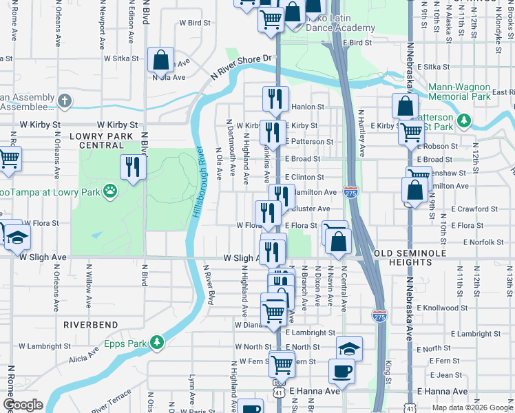map of restaurants, bars, coffee shops, grocery stores, and more near 7213 North Duncan Avenue in Tampa