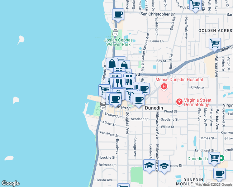 map of restaurants, bars, coffee shops, grocery stores, and more near 927 Broadway in Dunedin