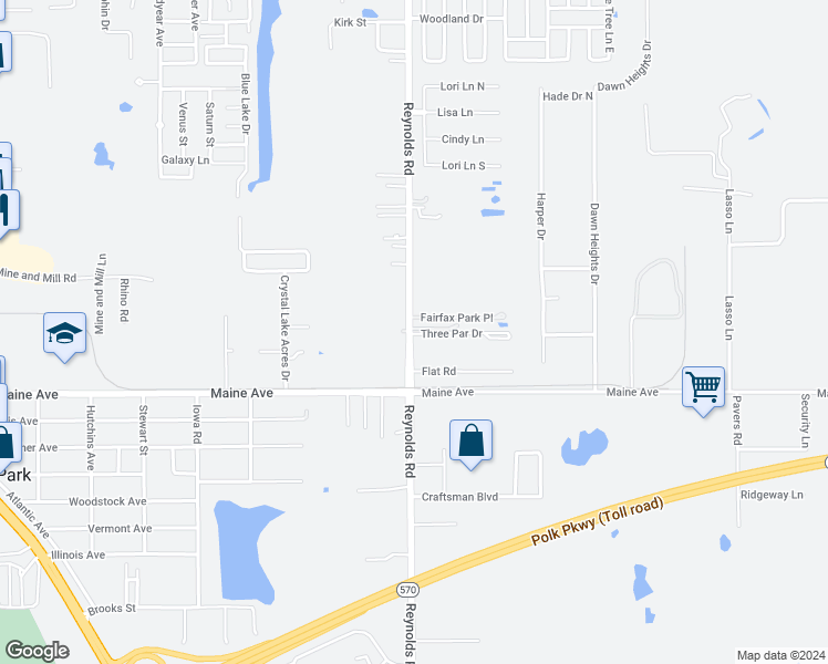 map of restaurants, bars, coffee shops, grocery stores, and more near 3471 Three Par Drive in Lakeland