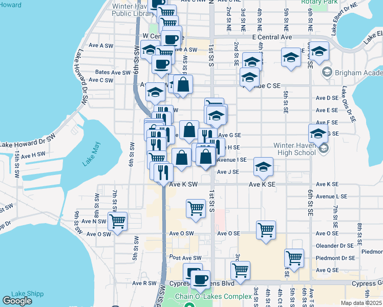 map of restaurants, bars, coffee shops, grocery stores, and more near 700 3rd Street Northwest in Winter Haven