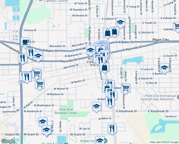 map of restaurants, bars, coffee shops, grocery stores, and more near 105 South Wheeler Street in Plant City