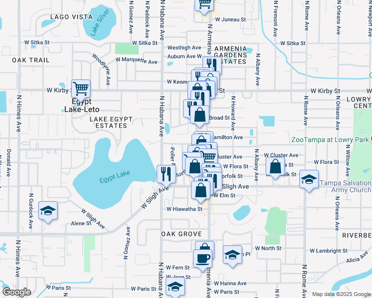 map of restaurants, bars, coffee shops, grocery stores, and more near 2509 West Hamilton Avenue in Tampa