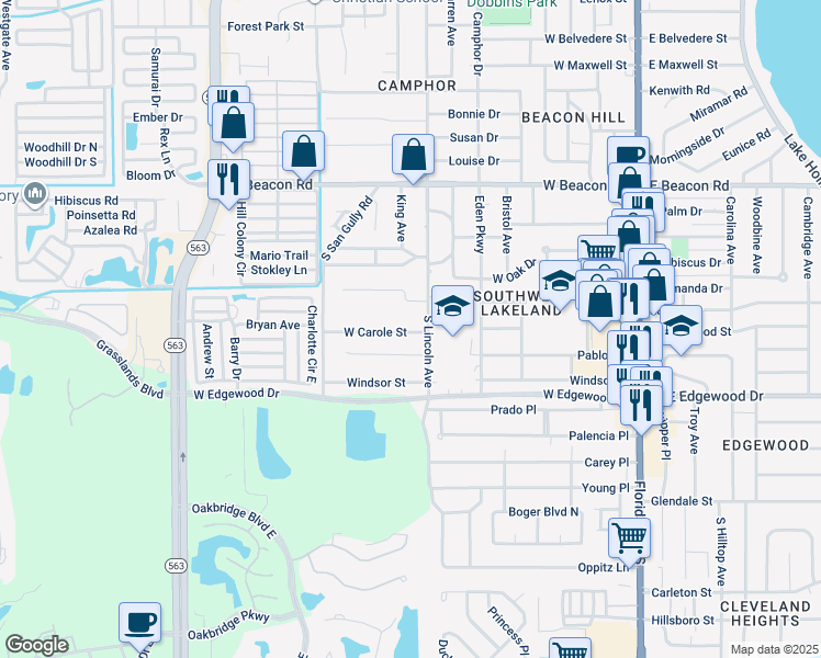 map of restaurants, bars, coffee shops, grocery stores, and more near 815 West Carole Street in Lakeland