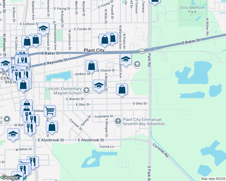 map of restaurants, bars, coffee shops, grocery stores, and more near 1503 East Laura Street in Plant City