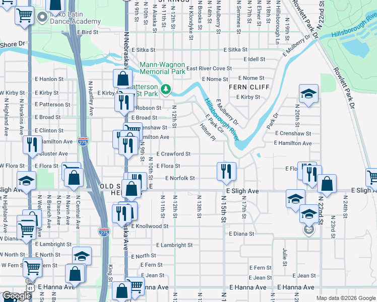 map of restaurants, bars, coffee shops, grocery stores, and more near 1222 East Crawford Street in Tampa