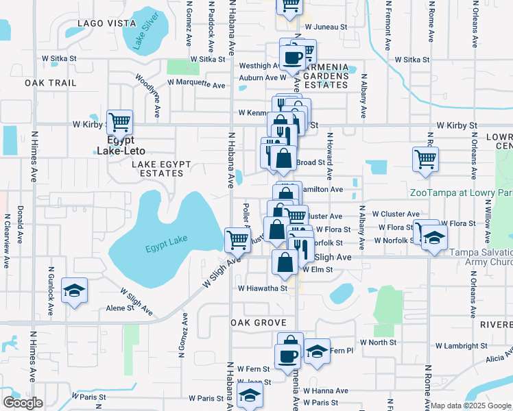 map of restaurants, bars, coffee shops, grocery stores, and more near 2509 West Hamilton Avenue in Tampa