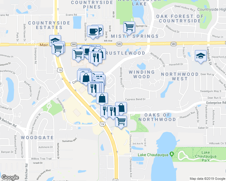 map of restaurants, bars, coffee shops, grocery stores, and more near 2591 Countryside Boulevard in Clearwater