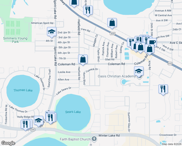 map of restaurants, bars, coffee shops, grocery stores, and more near 825 Cinnamon Drive in Winter Haven