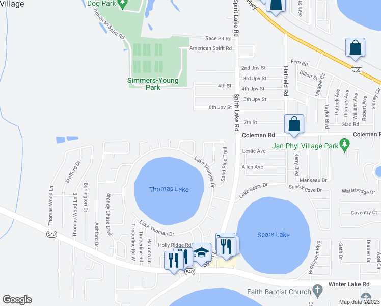 map of restaurants, bars, coffee shops, grocery stores, and more near 130 Lake Thomas Drive in Winter Haven