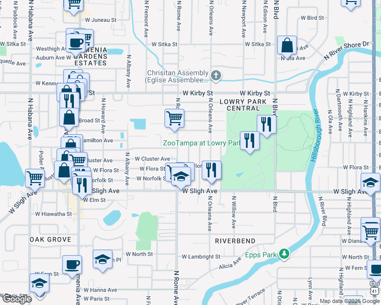 map of restaurants, bars, coffee shops, grocery stores, and more near 7015 North Dakota Avenue in Tampa