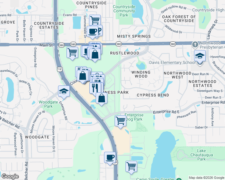 map of restaurants, bars, coffee shops, grocery stores, and more near 2591 Countryside Boulevard in Clearwater