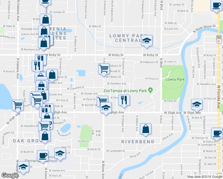 map of restaurants, bars, coffee shops, grocery stores, and more near 7015 North Dakota Avenue in Tampa
