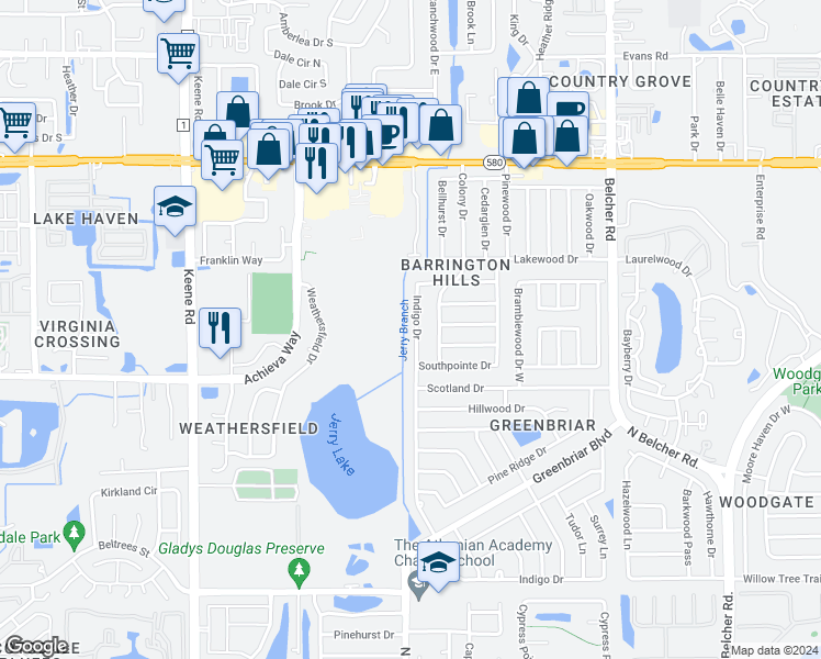 map of restaurants, bars, coffee shops, grocery stores, and more near 2547 Indigo Drive in Dunedin