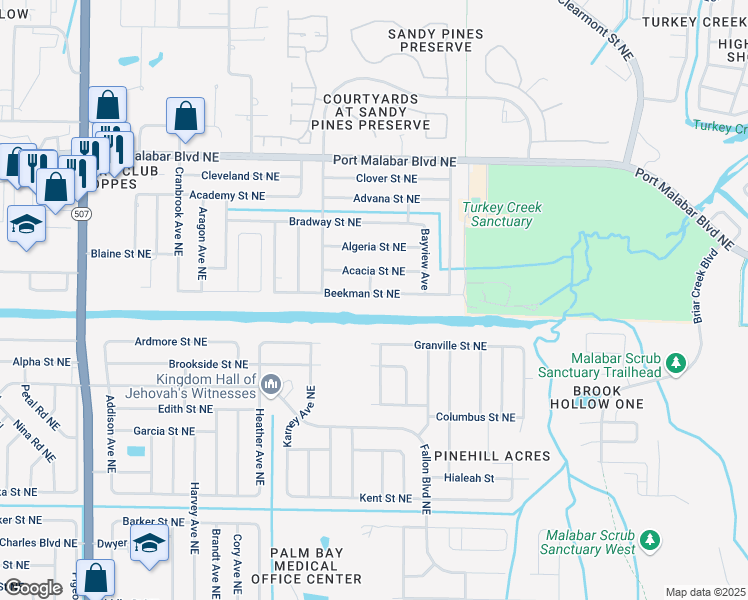 map of restaurants, bars, coffee shops, grocery stores, and more near 2097 Beekman Street Northeast in Palm Bay