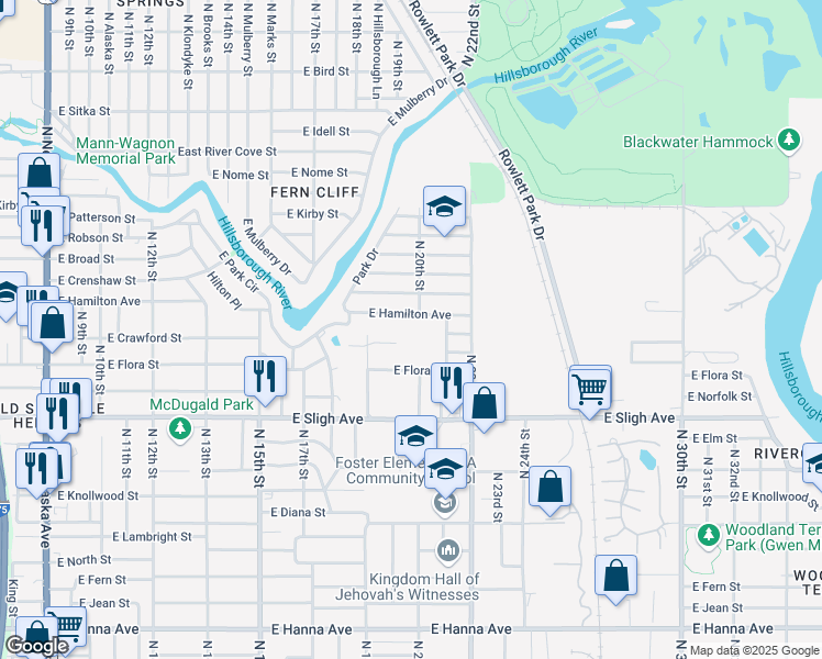 map of restaurants, bars, coffee shops, grocery stores, and more near 1919 East Hamilton Avenue in Tampa