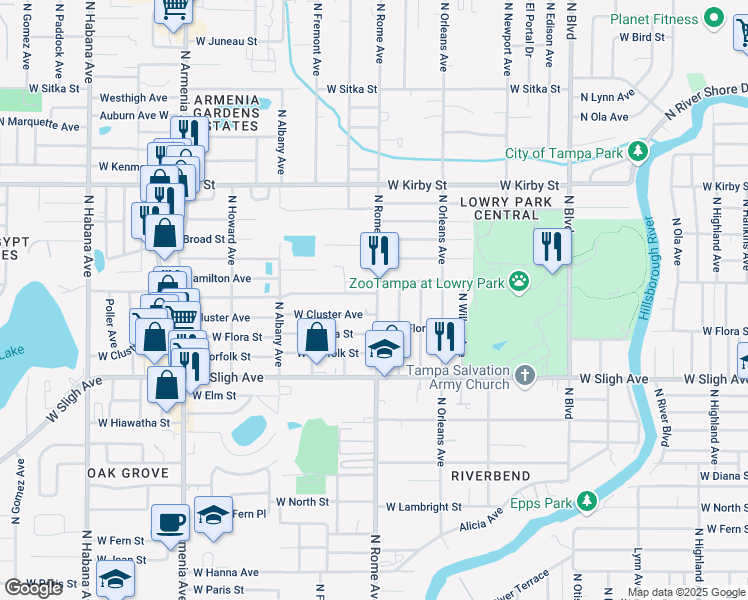 map of restaurants, bars, coffee shops, grocery stores, and more near 7117 North Rome Avenue in Tampa