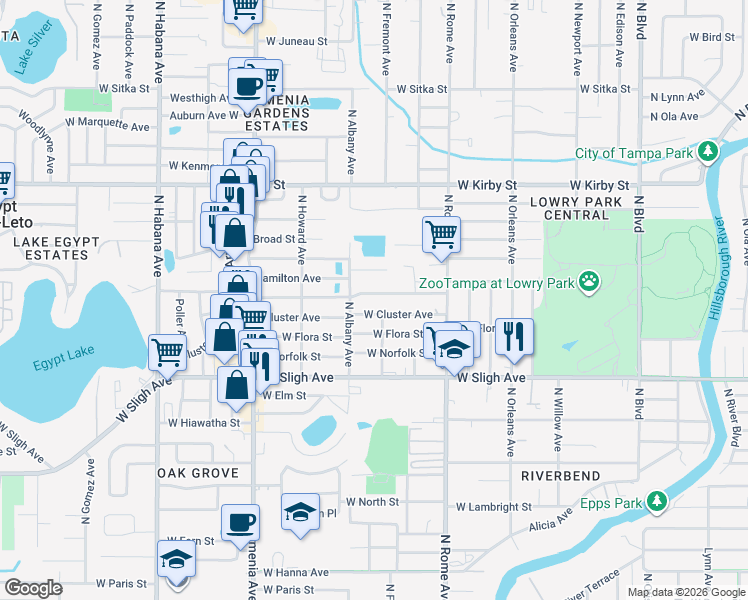 map of restaurants, bars, coffee shops, grocery stores, and more near 1901 West Crawford Street in Tampa